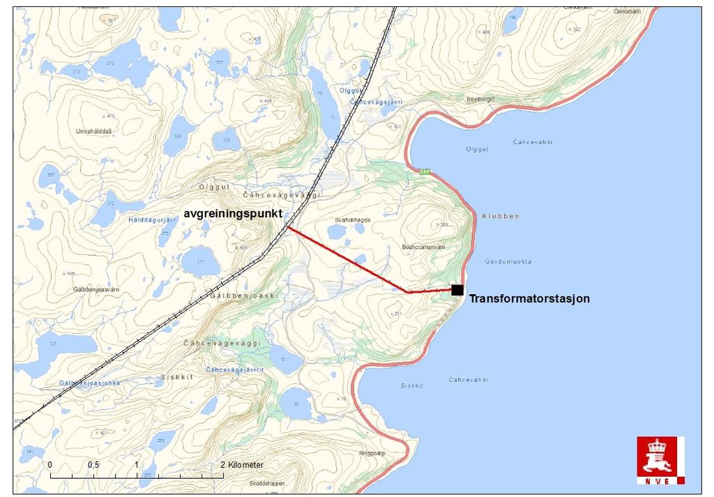 Side 2 NVEs vurdering Luftledningen Figur 1: Omsøkt ledning markert med rødt fra avgreiningspunkt på ledningen Smørfjord-Storbukt til ny transformatorstasjon i Sortvik På strekningen fra