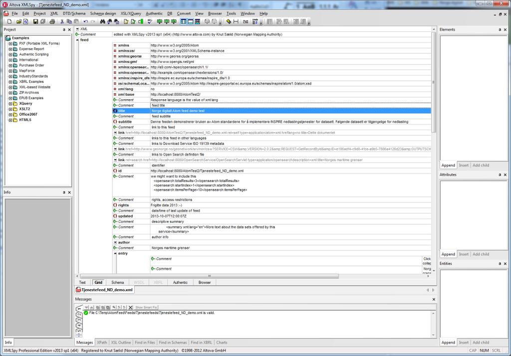 7.3 Kommersiell programvare for Atom feed-tjenester 7.3.1 Altova XMLSpy XMLSpy er en avansert XML editor som inneholder funksjonalitet som gjør det enkelt å opprette og vedlikeholde tjenestefeeder, datasettfeeder og OpenSearchdokumenter.