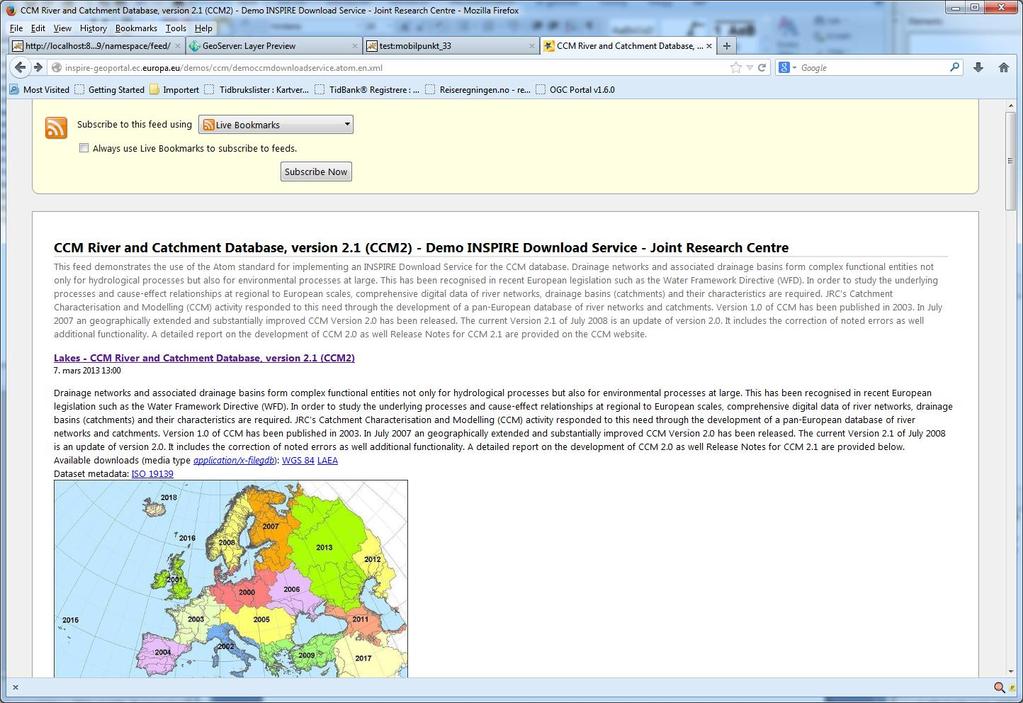 Figur 9: INSPIREs Atom feed-tjeneste vist i Firefox 24.0 8.3 Finsk Atom feed-tjeneste Finnene tilbyr datasett via Atom feed ved å abonnere her: http://www.maanmittauslaitos.