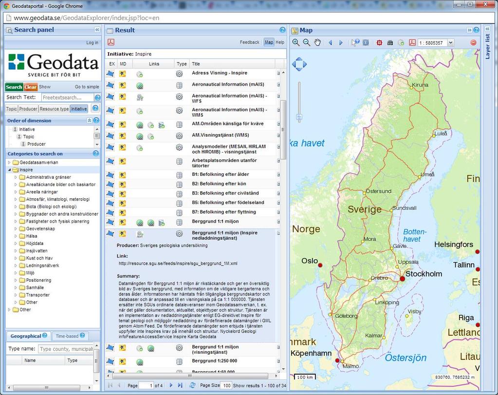 Figur 11: Den svenske geoportalen tilbyr Atom feeds for enkelte datasett Blant annet tilbys tjenesten Berggrund 1:1 miljon (Inspire nedladdingstjenst) som Atom feed.