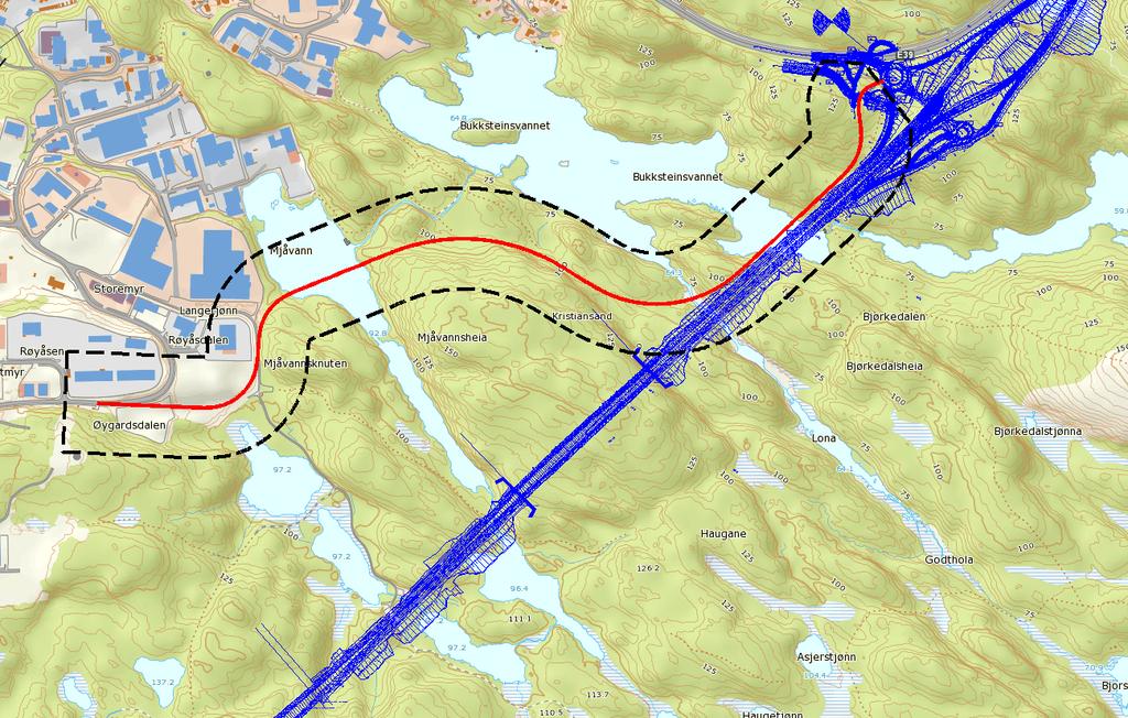 Det er pr. dags dato få tiltak i området hvor veien planlegges, men ny E39 er under planlegging i området, og det pågår godkjent utvikling av Mjåvann industriområde.