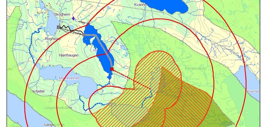 0-1 km fra tyngre tekniske inngrep. Figur 4.9: Status for inngrepsfrihet (INON) før og etter en eventuell utbygging av Røvatn kraftverk inkludert overføringer. Tabell 4.