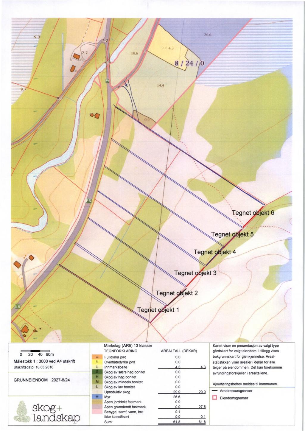 26.6 4. 8 / 24 //0 14.4 Teg net ekt 6 Teg net jekt 5 Tegnet ekt 4 Teg net jekt 3 Tegnet ekt 2 Teg et jekt 1 0 20 40 60m Målestokk1 : 3000 ved A4 utskrift Utskriftsdato: 18.03.