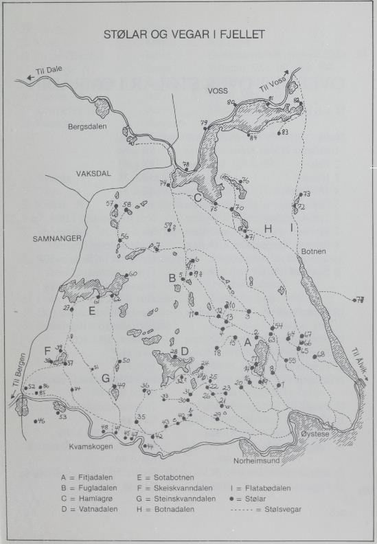 Vedlegg 1: Figur 4 Kartet er henta frå s. 239 i boka Folket og fjellet ein stølsheim i Hardanger av Samson Bjørke (1985).