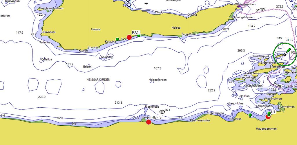 4.2.2 Heissafjorden I Heissafjorden er det undersøkt hardbunn ved 3 stasjoner, RA1 Hessa, U1 Langevåg (H9-H11: 2003) samt en referansestasjon REF3 (H12:2003) (Figur 24).