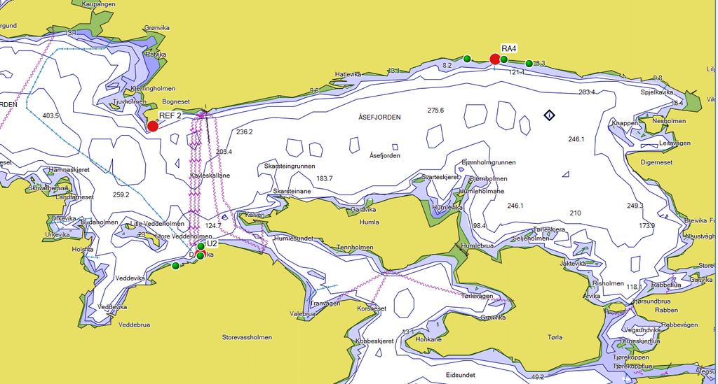 4.2.3 Borgundfjorden og Åsefjorden I Borgundfjorden og Åsefjorden er det undersøkt hardbunn ved 3 stasjoner RA4 Åse (T2/H5-H7: 2003), U2 Djupvika og en referansestasjon REF2 (Figur 28).
