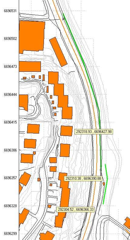 Vedlegg 8 Mulige skjermer mot vegtrafikkstøy langs Haakonsvernvegen. 1. Ca 130 m skjerm i vegkant, 0.8 m over senter i veg, 2. og ca 40 m øst for bussholdeplass, 2.5 m over terreng, 1.