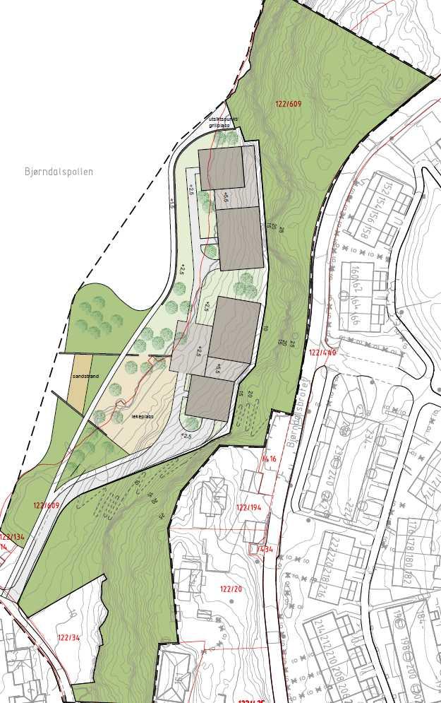 Vedlegg 9 Under 55 db 56-57 db Vegtrafikkstøy på felles uteareal (mottakerhøyde 1.5 m) ved mer omfattende skjerming. Prognose 2035. Skjermer vist i vedlegg 10.