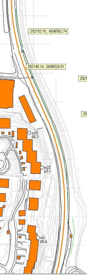 Vedlegg 10 Mer omfattende skjerming langs Haakonsvernvegen. 1. Ca 235 m skjerm i vegkant, 1.4 m over senter i veg, 2. og ca 40 m øst for bussholdeplass, 4 m over terreng, 3 m over senter i veg.