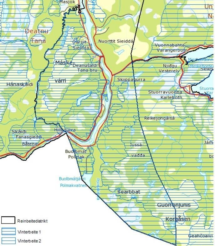 KONSEKVENSUTREDNING FOR REINDRIFT - LIŠMMAJOHKA MASSEUTTAK 21 (39) Rákkonjárga reinbeitedistrikt har vinterbeite på østsiden av elva i områder ved Searbbat og Máskevárri.