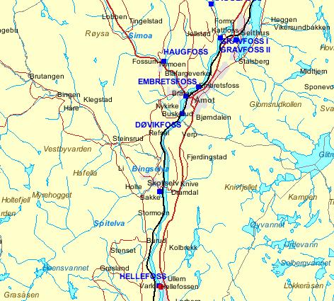 3. OVERSIKT OVER REGULERINGER MED TEKNISKE ANLEGG I DRAMMENSELVA. Figur 1 - Hellefoss Kraftverk ligger i Hokksund i Øvre Eiker Kommune i Buskerud. Kraftverket er det nederste i Drammensvassdraget.