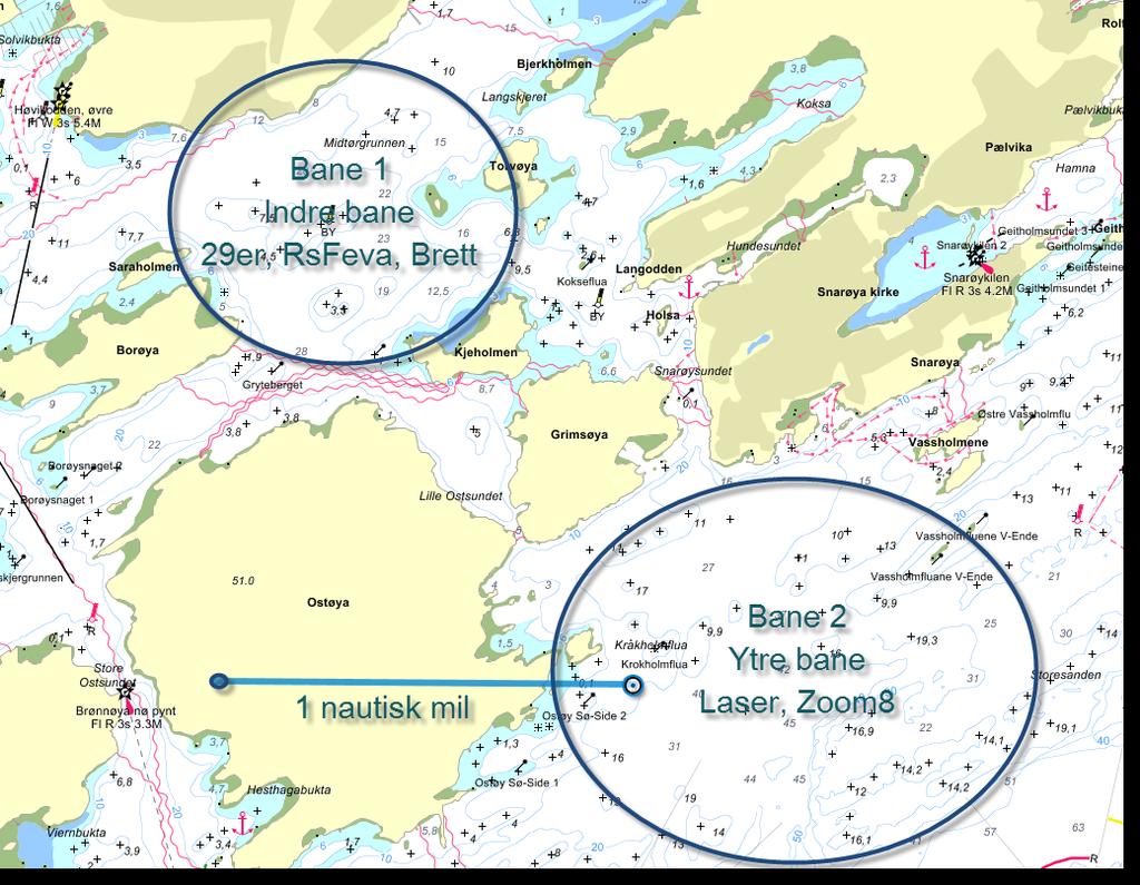 Tillegg 1 Baneområde Bane 1, Indre Bane, 29er, RsFeva og Brett er mellom Bærumsøyene Sydvest for Seilforeningens anlegg på Sarbuvollen.