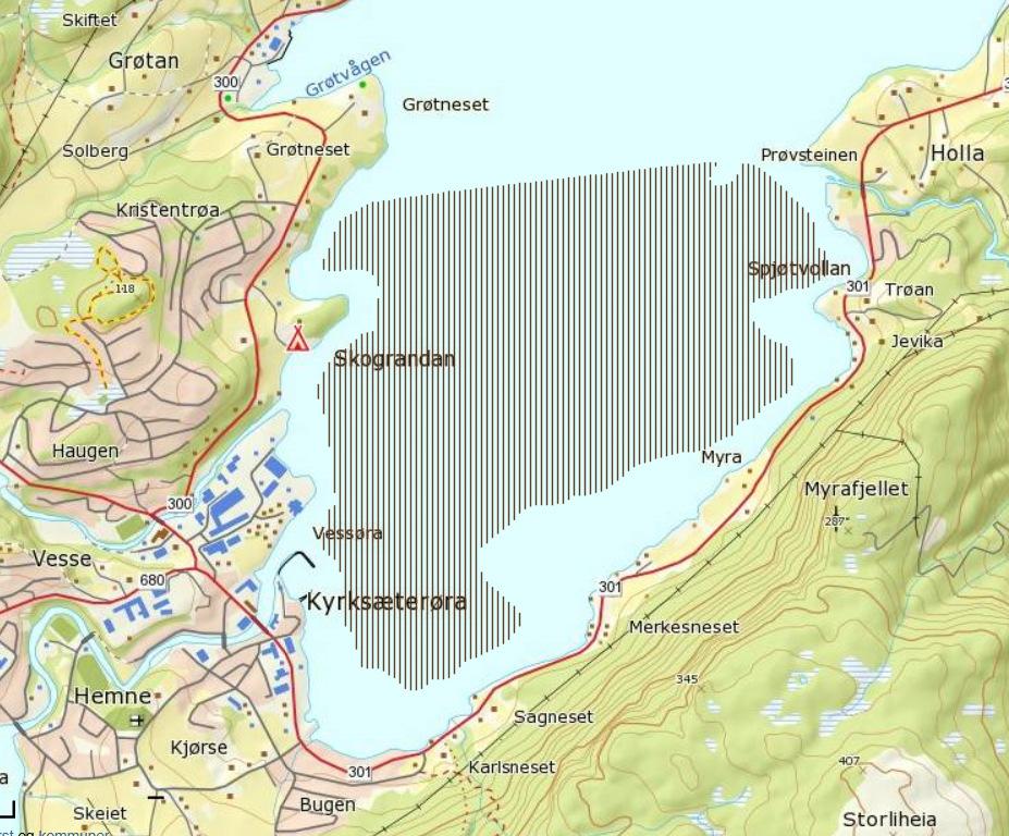Figur 3: Utklipp fra Fiskeridirektoratets karttjeneste. Det skraverte feltet viser til gytefelt for torsk i området.