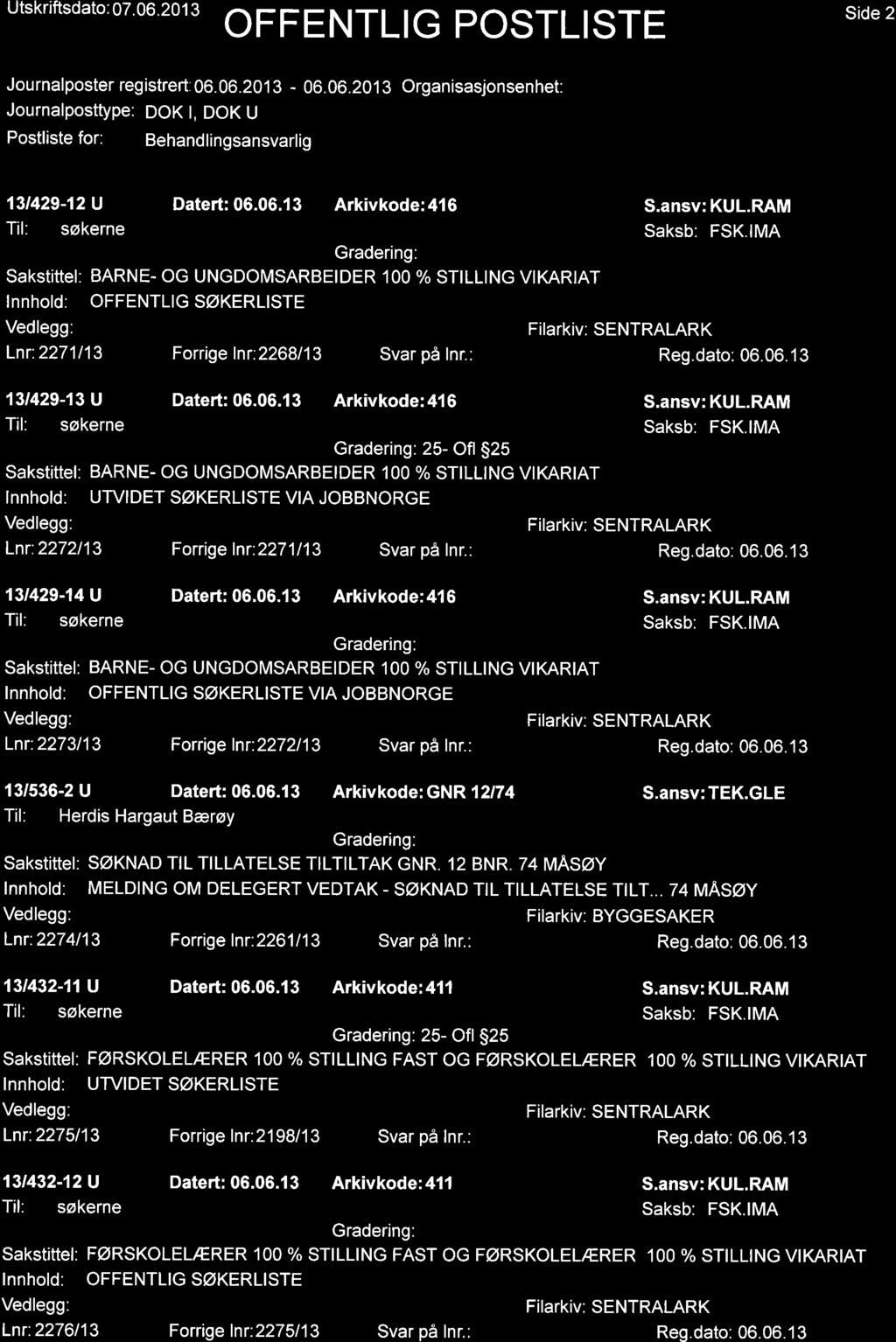 Utskriftsdato: 07. 06.20 1 3 Side 2 Jou rnalposter reg istrert: 06. 06.20 I 3-06. 06.20 1 3 Organisasjonsenhet: Journalposttype: OOX I, DOK U 131429-12 U Datert: 06.06.1 3 Arkivkode: 416 S.ansv: KUL.