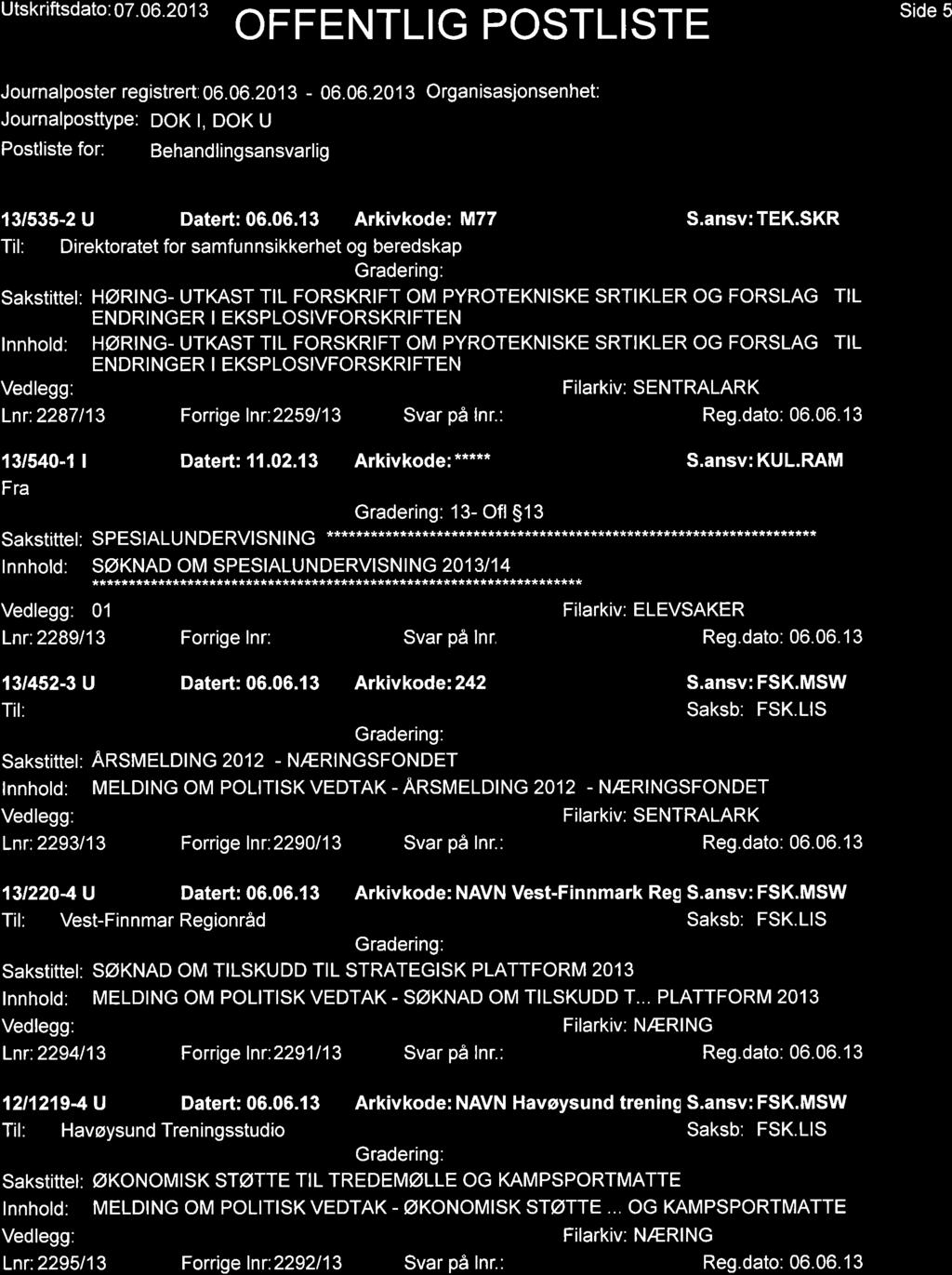 Utskriftsdato : 07.06.20 1 3 Side 5 Journalposter registrert, 06. 06.20 1 3-06. 06.20 1 3 Organ isasjonsenhet: Journalposttype: DOK t, DOK U 13/535-2 U Datert:06.06.13 Arkivkode: M77 S.ansv:TEK.