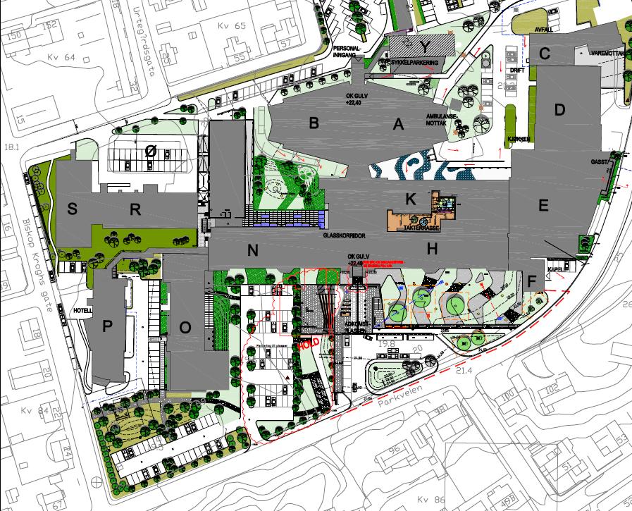 Plantegning som viser fløybetegnelser I styresak 117-2012 fastsatte styret i Helse Nord RHF endelig investeringsramme, inklusive prisstigning og byggelånsrente, for Byggetrinn 2 i Bodø til 3 614,3