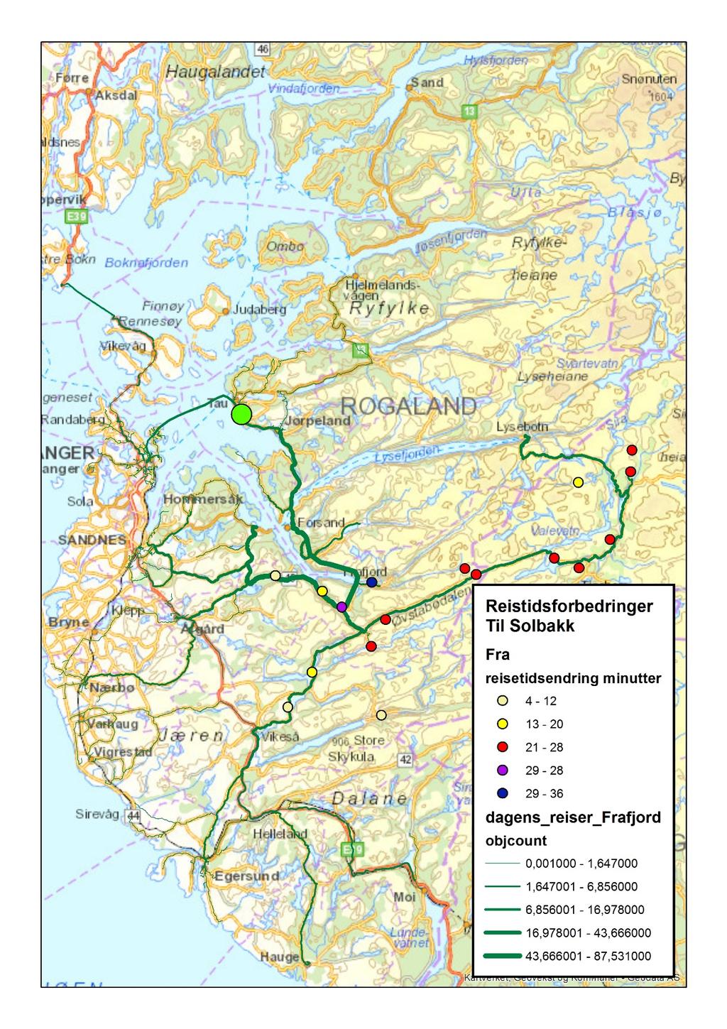 Dette kartet viser at trafikk fra/til Solbakk har i liten grad noen reisetidsforbedring.