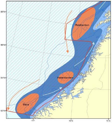 Tabellen viser gyteperiode (E) og periode med klekking (E/L), samt periode med drivende av larver (L). (OLF, 2003).