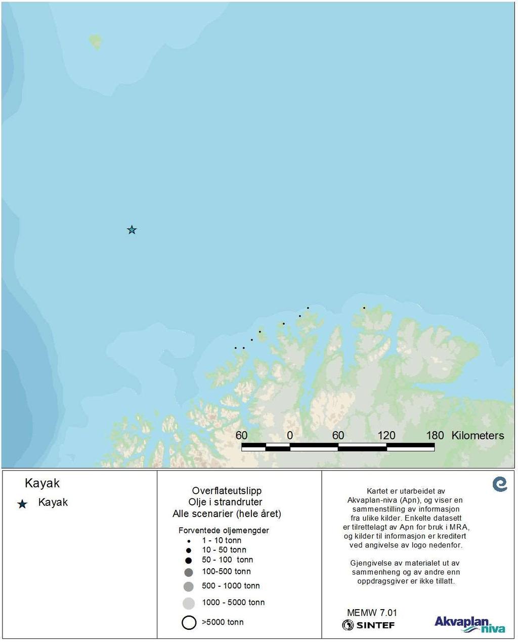 Figur 8 Sannsynlige oljemengder i strandruter beregnet fra alle simuleringene av overflateutslipp fra Kayak (simuleringer fra alle måneder).