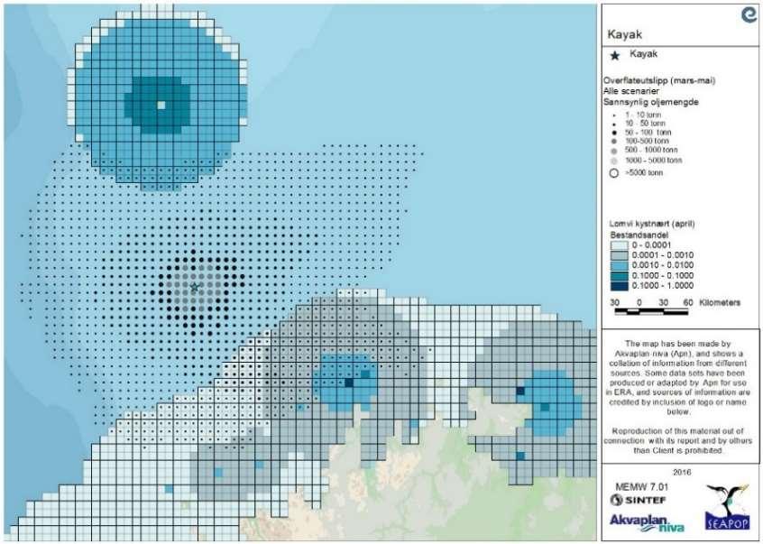 Dette sees både i åpent hav og kystnært. Alkefuglene og havhest slår hardest ut i vårperioden. Havhest slår høyest ut med 12,6 % av akseptkriteriet i skadekategori «Moderat».