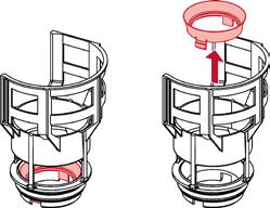Spylereduseringene kan enkelt monteres i ventilsetet til utløpsventilen. Reduseringssett Om man har problemer med porselen som ikke spyler riktig kan dette korrigeres med reduseringssettet.
