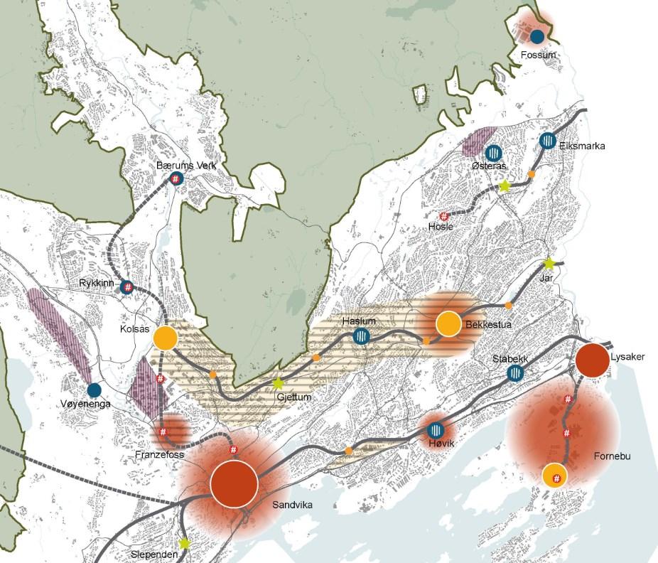 Utsnitt av forslag til revidert strategisk arealkart for Bærum Vurdering av langsiktig avgrensing er gjort for hovedutbyggingsretningene (Fornebu, Sandvika, Bekkestua/Høvik, Fossum).