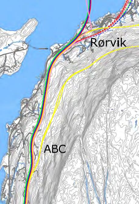 Gul korridor på strekningen Skaret - Rørvik To alternativer: Veg i og nær eksisterende trasé til Rørvik (som i grønn,