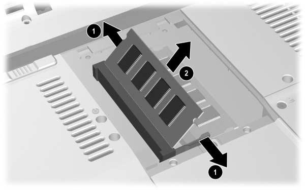 Oppgradere og skifte maskinvare 8. Ta ut eller sett inn minnemodulen. Slik tar du ut en minnemodul: a. Løsne festeklipsene på hver side av modulen 1. Modulen vipper oppover.