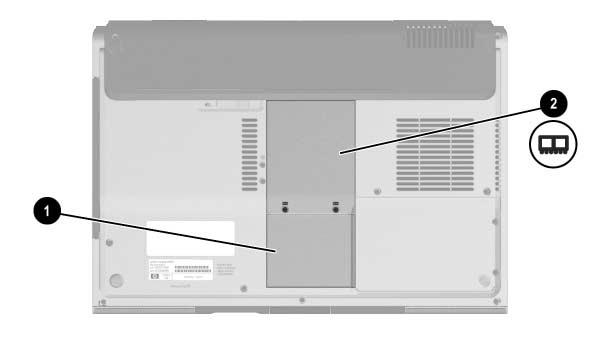 Oversikt over komponenter Komponenter på undersiden Mini-PCI- og minnebrønner Komponent Beskrivelse 1 Mini-PCI-brønn Inneholder en eventuell trådløs nettverksenhet.