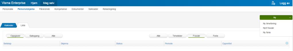 Føring av timelister, fravær og feriedager (ekstra uke) Fra og med 1.1.2018 skal ansatte bruker Visma Enterprise web når de skal levere /søke om uttak av feriedager (ekstra uke 60 år) og fravær.