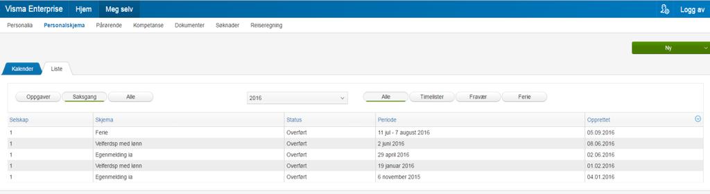 Her kan du velge mellom å vise alle skjemaer, timelister, fravær eller ferie. Under Oppgaver ligger de skjemaer som du ikke har levert.