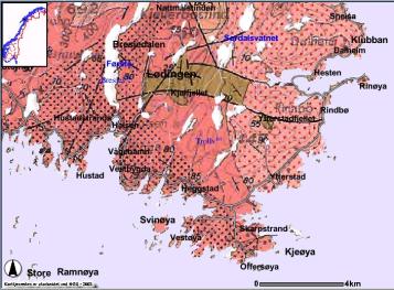 2 GEOLOGI I OMRÅDET I det kartlagte området består berggrunnen av granitt (syenitt) og mangeritt.