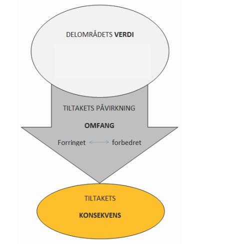 Figur 5.1. Prinsippet med vurdering av de tre trinnene verdi, omfang og konsekvens (etter håndbok V712). 5.3.