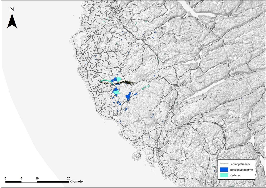 Figur 8.2. Utbredelse av intakt lavlandsmyr og kystmyr i den søndre delen av Rogaland. Tiltaket Det planlagte tiltaket vil berøre naturtypen, uavhengig av valgt alternativ.