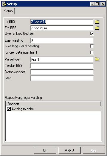 Overføring til og fra Nets Oppsett av eksport / import til Nets 1. Marker tilbyder betalinger 2. Høyre klikk og velg oppsett av stier til betalinger til BBS-Filer 3.