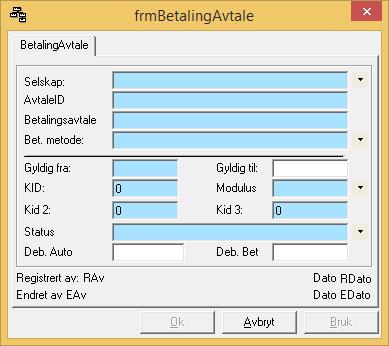 Feltbeskrivelse: Selskap AvtaleID Betalingsavtale Bet. Metode Gyldig fra Gyldig til KID Kid 2, Kid 3 Modulus Deb. Auto Deb.