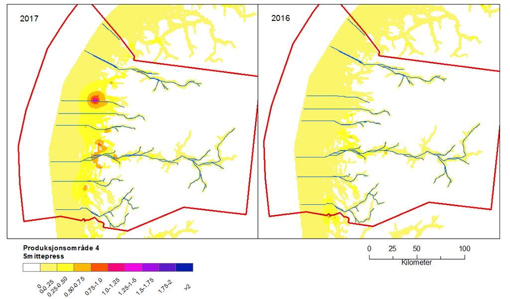 Produksjonsområde 4: Nordhordaland til Stadt Produksjonsområde 4 omfatter 40 vassdrag i vassdragsdatabasen (Figur 6). Beregnet dødelighet som følge av lusepåslag var lav både i og.