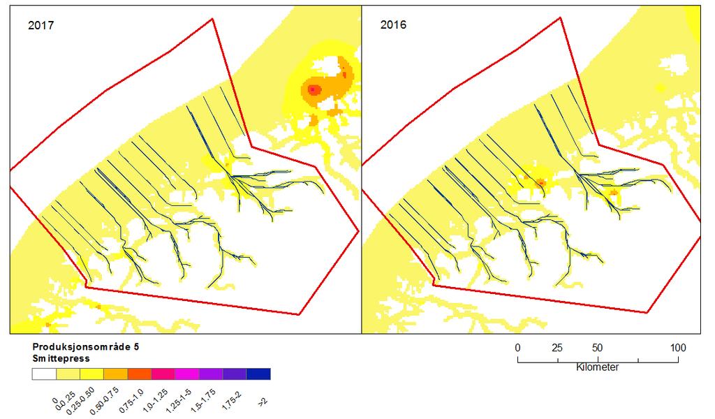 Produksjonsområde 5: Stadt til Hustadvika Produksjonsområde 5 omfatter 44 vassdrag i vassdragsdatabasen (Figur 7). Beregnet dødelighet som følge av lusepåslag var lav både i og.