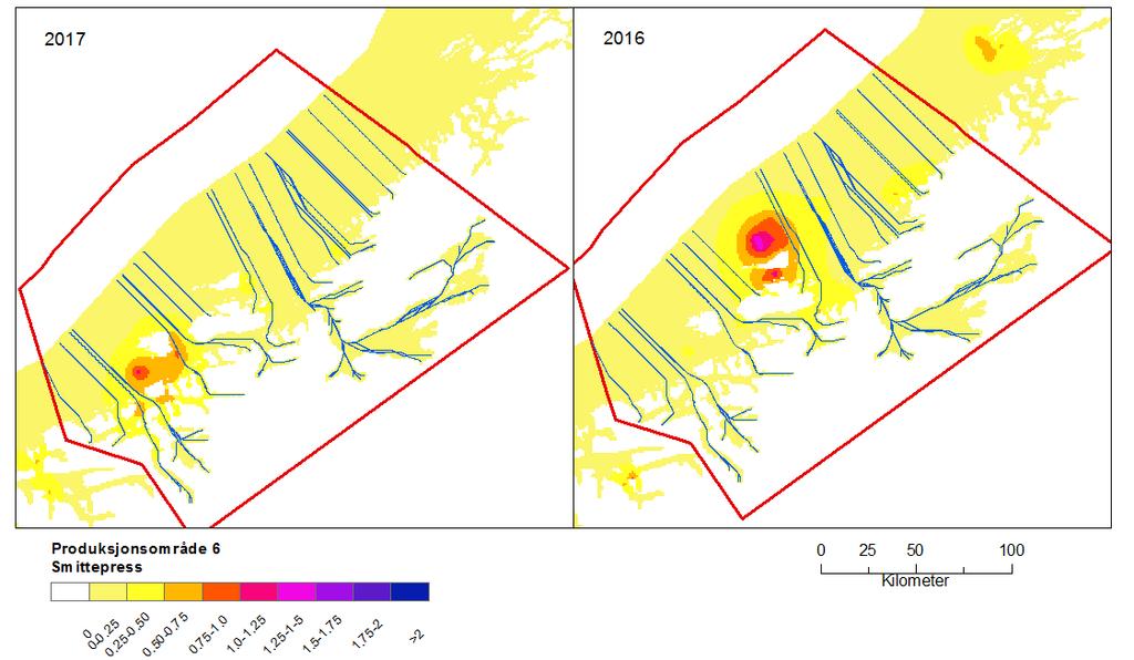 Produksjonsområde 6: Nordmøre til Sør-Trøndelag Produksjonsområde 6 omfatter 62 vassdrag i vassdragsdatabasen (Figur 8). Beregnet dødelighet som følge av lusepåslag var lav både i og.