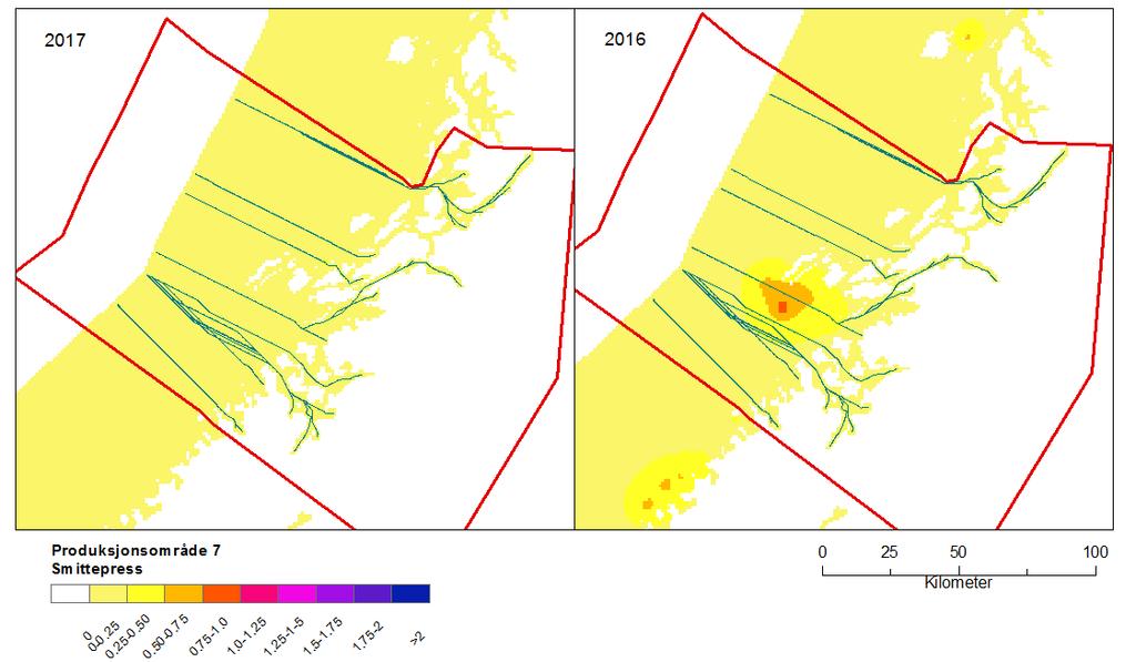 Produksjonsområde 7: Nord-Trøndelag med Bindal Produksjonsområde 7 omfatter 22 vassdrag i vassdragsdatabasen (Figur 9). Beregnet dødelighet som følge av lusepåslag var lav både i og.