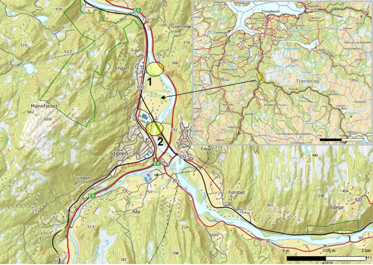 1.3 Gaula ved Støren og lokalisering av punktutslipp Figur 1 viser oversiktskart over Gaulavassdraget ved Størenområdet. Utslippspunktene er i figur 1 angitt ved gule sirkler, der hhv.