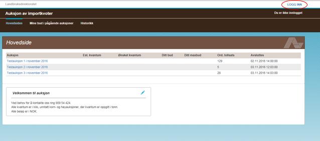 3 Hvordan logge inn og gi bud 3.1 Hvordan logge inn Gå til auksjonsløsningen her: http://auksjon.landbruksdirektoratet.no/.