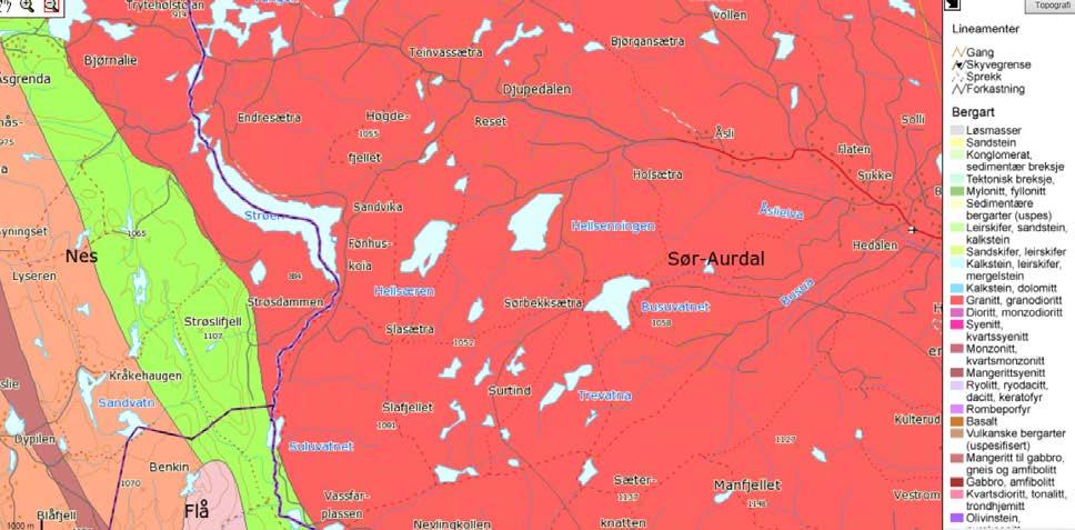 4.1 TEINVASSÅSEN OMRÅDET Berggrunnen i området er en del av Hedalsgruppen/granitten, med bergarter fra proterozoisk tid. I planområdet er det en del granitt og Granodioritt dvs.