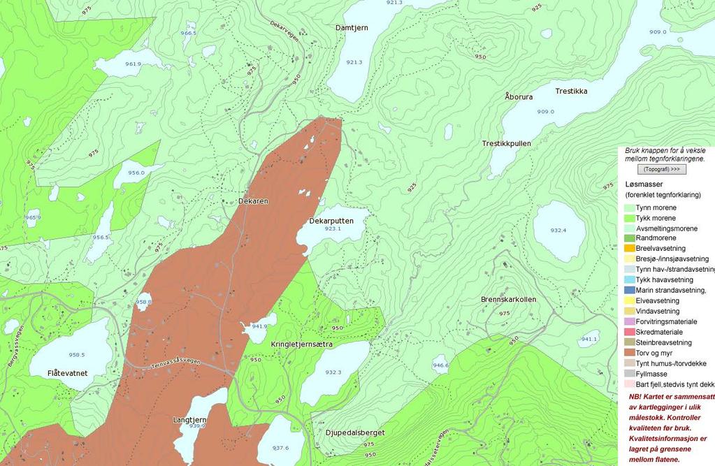 4.2 LØSMASSEOVERSIKT Løsmassene i området består i hovedsak av tynn morene, myr og torv. I utkanten av område er det middels mektighet.