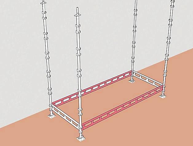 29 5 6 Reis opp 2 spir til og forbind dem med lengdebjelker. Erect two more standards and connect the ledger beams.