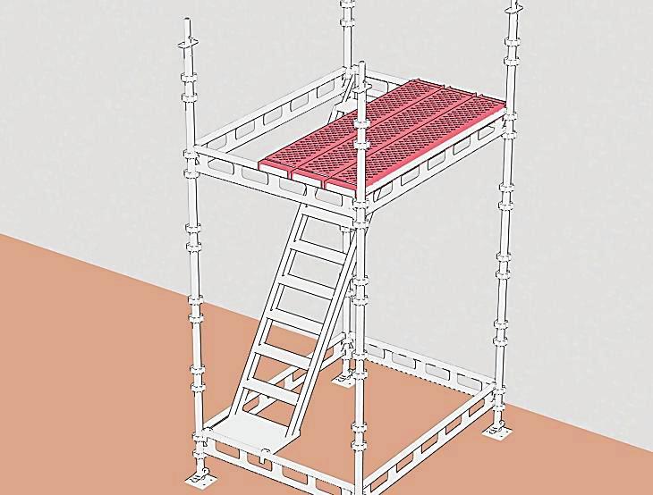 Sett på trapp. Huk på oppe først. Trappen skal hvile på bjelkens overkant. Start by erecting the first two floors. Remember to lock the clamps.