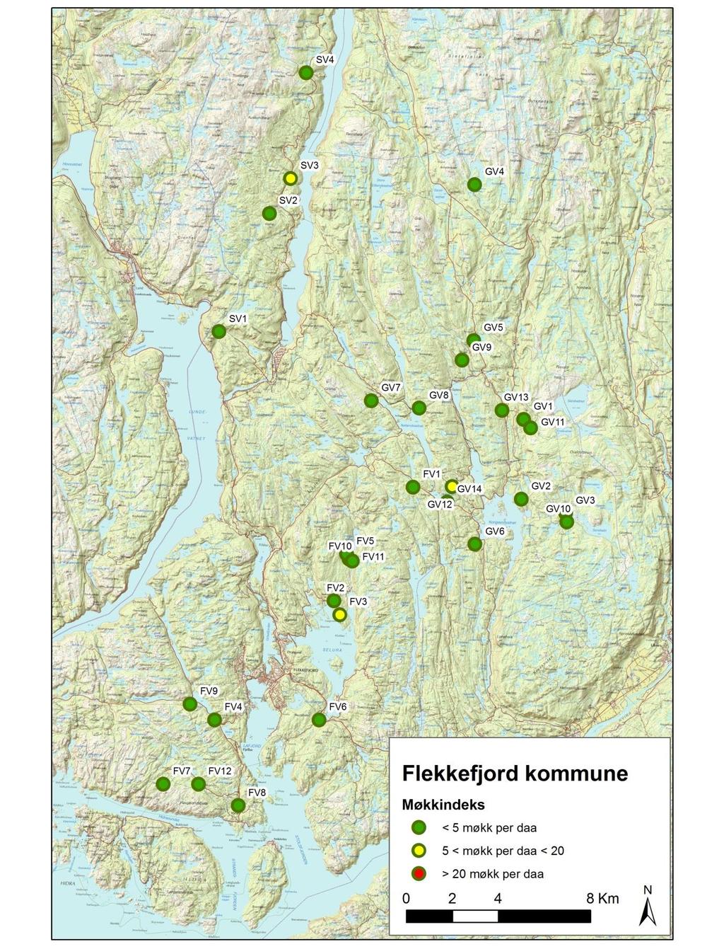 Resultat Kartfigurer Figur 3. Gjennomsnittlig møkktetthet i de takserte bestand i Flekkefjord i 2014.