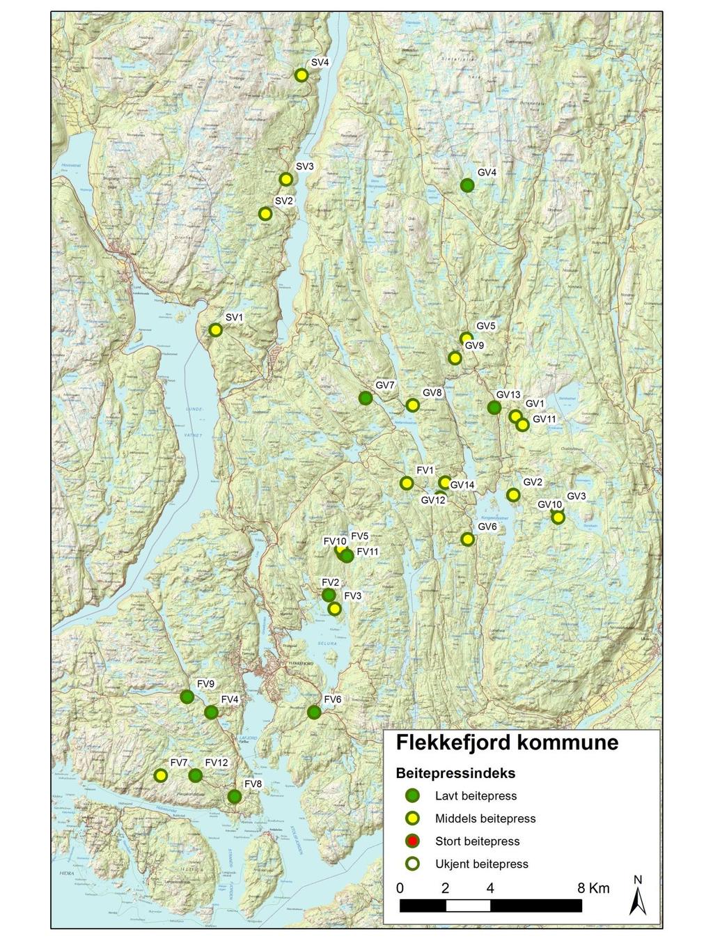 Figur 4. Beitepress i de takserte bestand i Flekkefjord i 2014.