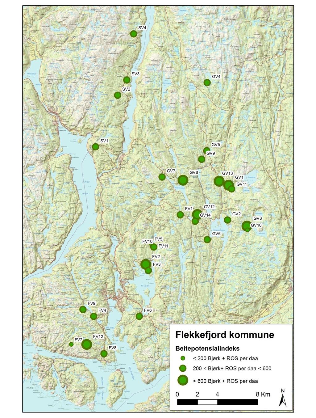 Figur 5. Beitepotensialet i de takserte bestand i Flekkefjord i 2014.