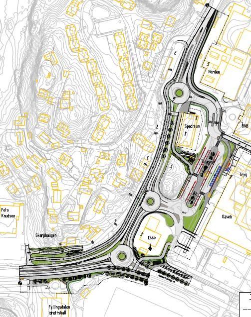 Illustrasjonsplan Illustrasjonsplanen, viser ferdigstilt situasjon, der gjennomgående hovedrute for sykkel med fortau vises i vest, kollektivfelt inn mot rundkjøring til Oasen fra sør og ut fra